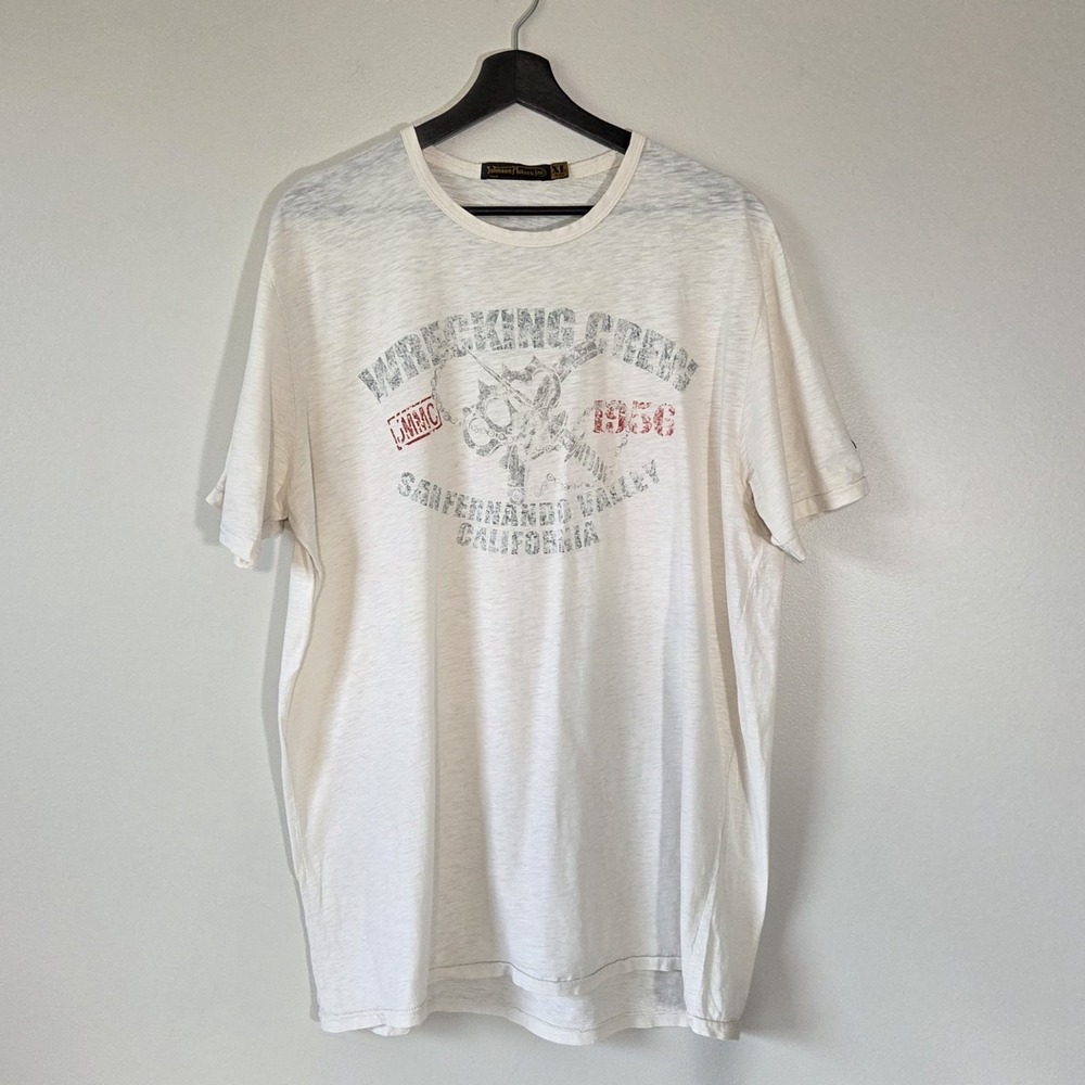 Heritage Johnson Motors Inc Wrecking Crew Graphic T-Shirt XL White Slub Cotton